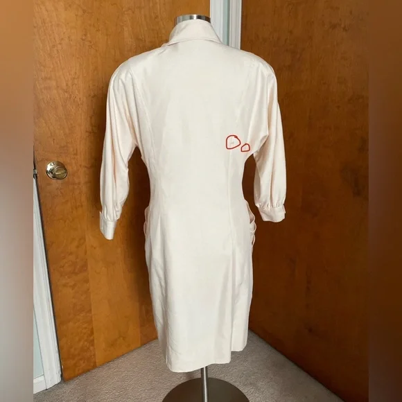 Vintage Silk Cream Button Midi Dress with Shoulder Pads Medium M - Picture 3 of 15